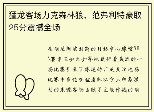 猛龙客场力克森林狼，范弗利特豪取25分震撼全场
